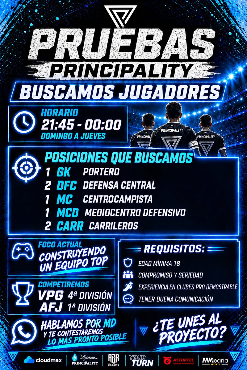 Principality_es's tweet photo. ⚽️SEGUIMOS BUSCANDO JUGADORES PARA NUESTRO CLUB DE CLUBES PRO EN #FC27⚽️
🚨¿QUIERES HACER LAS PRUEBAS? MANDA MD🚨
📩Buscamos, MC, MCD, DFC, CARR Y GK.📩
🏆Jugaremos 4a VPG y 1a AFJ🏆
💙Si pruebas te gustará y no te querrás ir, animate💙
#EAFC27 #ClubesPro #TheGround @_chocolate3000 @ProClubsMarketX @ComunidadClubes @AyudaInfoClubes @FichajesAyudas @ComunidadCpro @ClubesProAyudas
