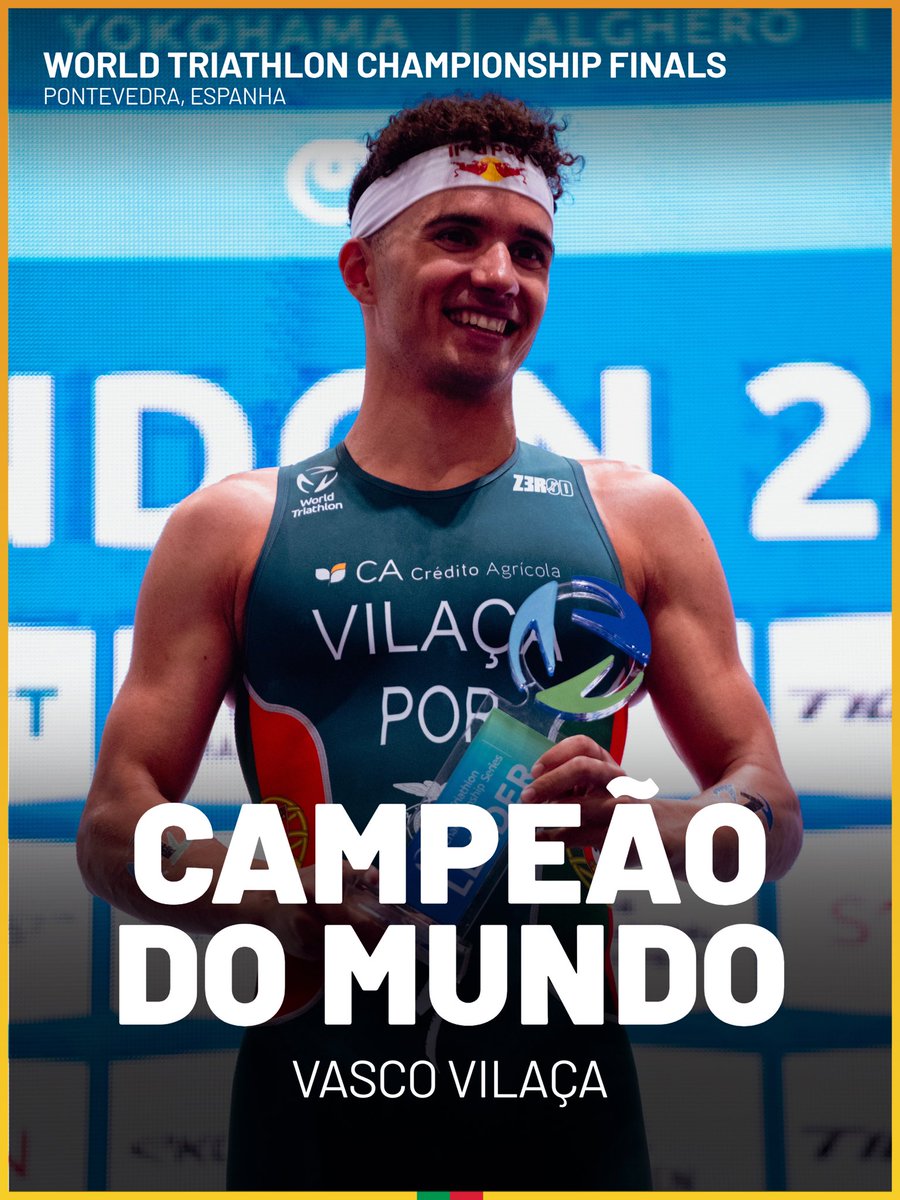 COPPORTUGAL's tweet photo. 𝗛𝗜𝗦𝗧𝗢́𝗥𝗜𝗖𝗢!!!! 🥇🌍

Vasco Vilaça sagrou-se Campeão do Mundo de Triatlo, ao concluir a Grande Final no 2.º lugar, confirmando o título mundial 🤩

#EquipaPortugal | 📸 World Triathlon https://t.co/WkiYZRJeCk