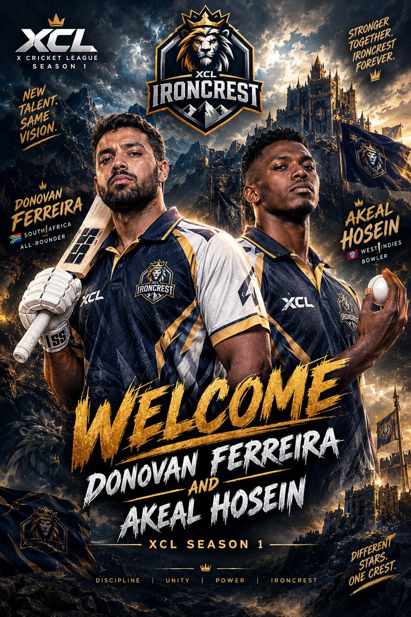 XCRICKLEA6's tweet photo. WELCOME TO XCL IRONCREST!

Donovan Ferreira and Akeal Hosein enter the Ironcrest fortress with fearless energy, skill and composure. The kingdom gets stronger — XCL Season 1 awaits!

Owner: @TeamSamCurran58 

#XCL #SEASON1 https://t.co/cnhkEYrRkw