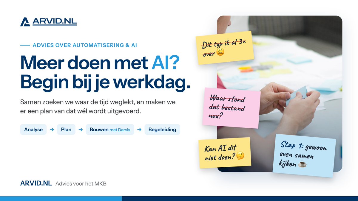 JongArvid's tweet photo. https://t.co/MlZFSbqhqH

Iedereen roept dat je "iets met AI" moet. Maar wat dan precies? 🤔

Ik begin niet bij de techniek, maar bij je werkdag. Waar wordt er overgetypt, eindeloos gezocht of drie keer hetzelfde gemaild? Daar zit de winst. Soms met AI, soms met een slimme koppeling, en soms gewoon met een betere afspraak 😉

Zo pak ik het aan:

🔍 Je processen in kaart, samen met de mensen die het werk doen
🧭 Een plan met haalbare stappen, geen rapport voor in de la
🛠️ Het bouwen samen met Darvis, dus één aanspreekpunt van advies tot uitvoering
🤝 Begeleiding tot je team de nieuwe werkwijze ook echt gebruikt

Technologie moet voor jou werken, niet andersom.

Zin om te kijken wat er bij jouw bedrijf te halen valt? Stuur me een DM ☕

#automatisering #AI #MKB #digitalisering #procesoptimalisatie