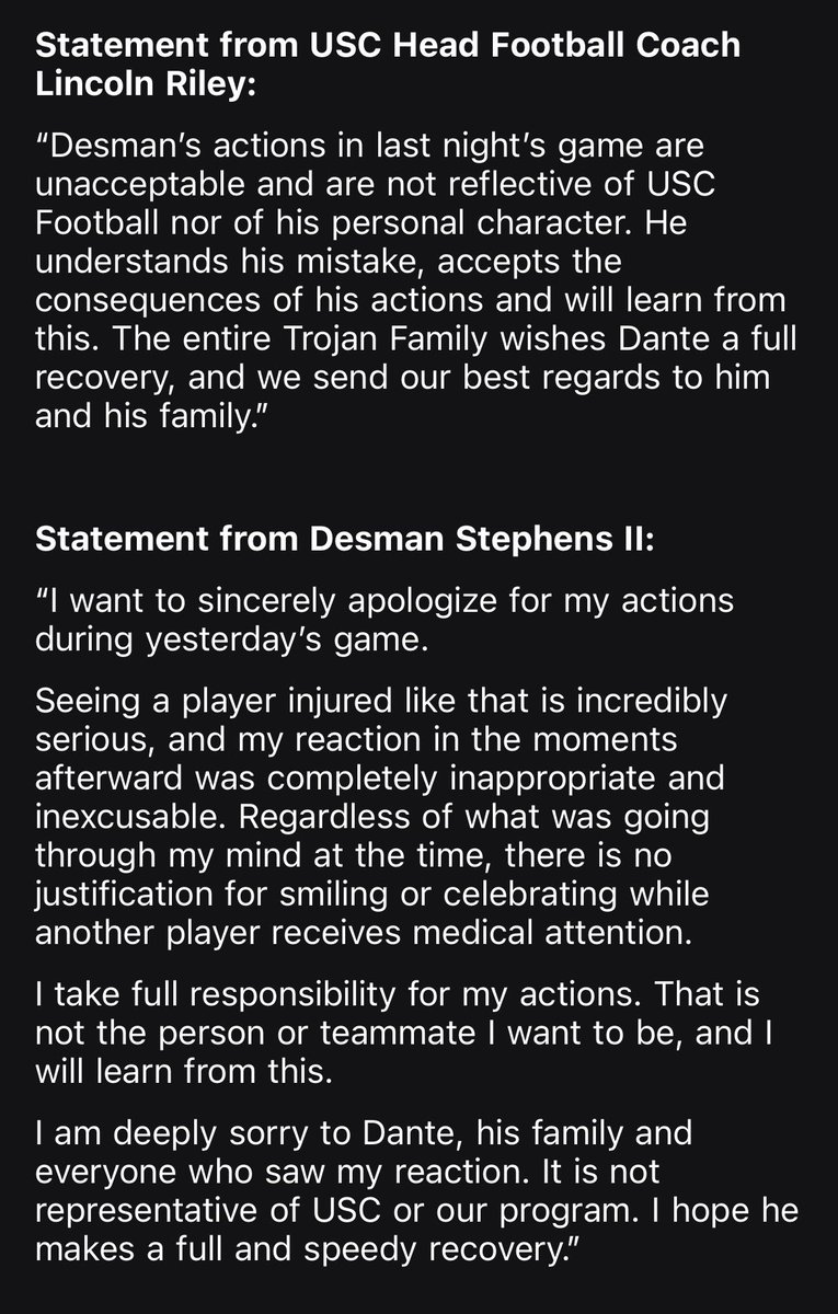 ChrisNTrevino's tweet photo. Statement from Lincoln Riley and Desman Stephens https://t.co/5FK9Ed5Lh4