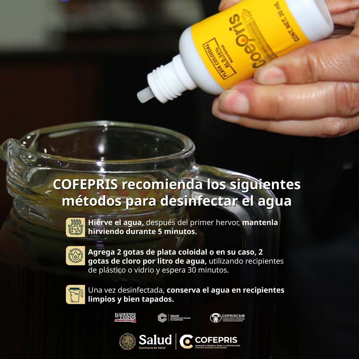 CCopriscam's tweet photo. ☀️💧 La #Sequía también puede aumentar los #RiesgosSanitarios en el #agua de consumo.
Antes de beberla, verifica que esté desinfecta, clorada o hervida. Tu salud y la de tu familia es lo más importante.
#AguaSegura #CuidaTuSalud https://t.co/4aYnKgfmob