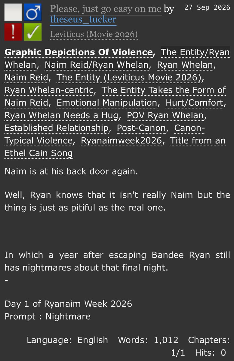 theseus_tucker's tweet photo. day one of #ryanaimweek with the prompt nightmare, please be gentle with me i’m new to this okay 😁😁

https://t.co/IYQ2mBKERl https://t.co/BQPNeFi7Wl