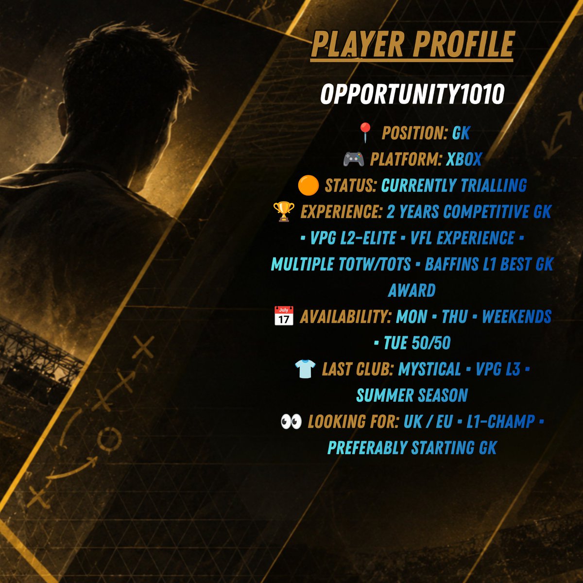 VPGAgency's tweet photo. 🚨 FREE AGENT PROFILE

🧤 Opportunity1010
📍 GK
🎮 Xbox
🏆 VPG L2–Elite Experience
🏅 Baffins L1 Best GK + Multiple TOTW/TOTS
🟠 CURRENTLY TRIALLING
🔎 Looking for UK/EU L1–Champ opportunities

Interested? Contact VPG Agency 🤝

Join the VPG Agency Discord https://t.co/H8KYzkKMzR https://t.co/dz5uAWXRUc