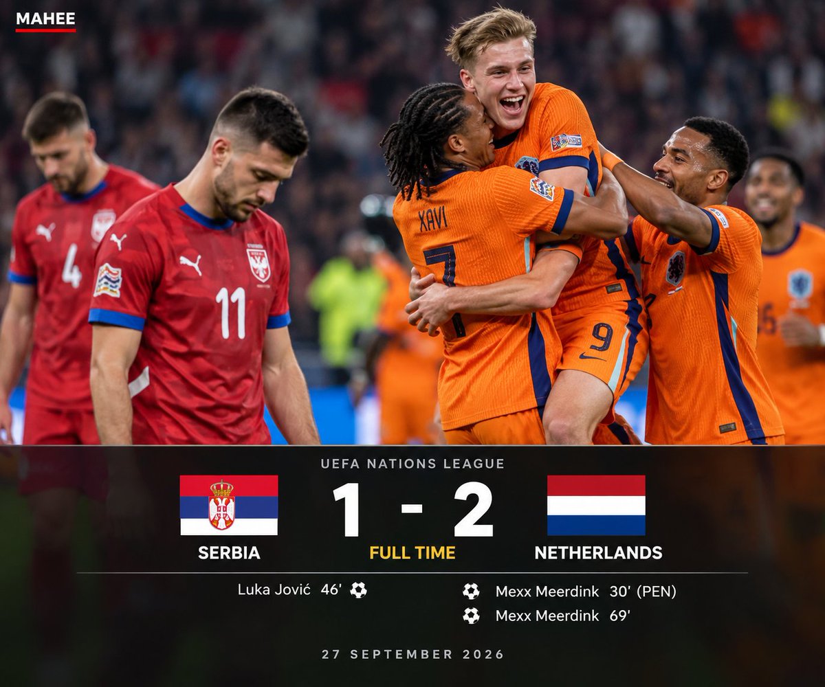nafi_auwal80838's tweet photo. 🚨🇳🇱 FULL-TIME: SERBIA 1-2 NETHERLANDS!
The Netherlands take all three points after a hard-fought Nations League clash. 🇷🇸🇳🇱
⚽️ Meerdink scored twice for the Netherlands, while Luka Jović pulled one back for Serbia.
🔥 What a game! https://t.co/CygYGB5ZDn