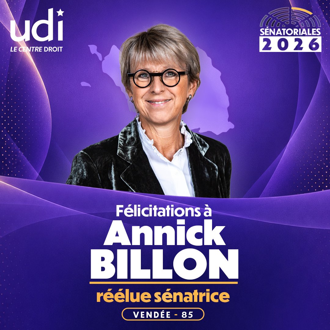 UDI_off's tweet photo. Félicitations à @AnnickBillon réélue sénatrice de la Vendée.
#Sénatoriales2026 https://t.co/Bd27O6t4cU