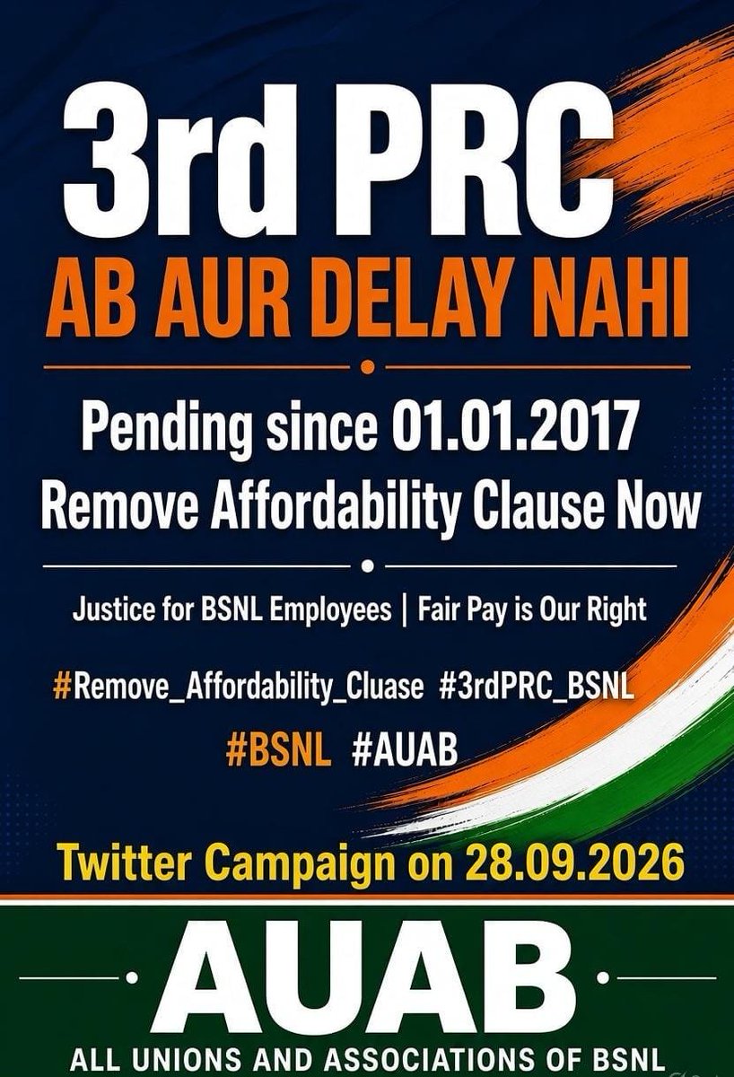 Rashikendra_D's tweet photo. BSNL एक रणनीतिक टेलीकॉम PSU है और इस पर अफोर्डेबिलिटी क्लॉज़ लागू नहीं होती। BSNL भारत के सबसे दूर-दराज़ इलाकों में सेवाएँ देता है और इसका मकसद मुनाफ़ा कमाना नहीं है।कर्मचारी 2017 से  3rd PRC का इंतज़ार कर रहे हैं,3rd PRC लागू किया जाए।
#Remove_Affordability_Clause
#3rdPRC_BSNL https://t.co/lFqSefFLy8