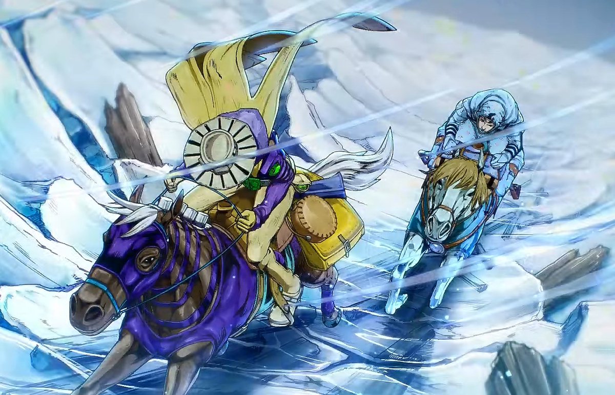 _GermanKnight_'s tweet photo. @Saif_Viatrent This shot is from the new Opening.
It seems very likely that during the Snow section of the race, DP will show the original manga colors in their winter clothing, as you can see by blue Johnny, and of course Gyros cape being Beige, and the belt being Green. https://t.co/PfLIRLT4hi