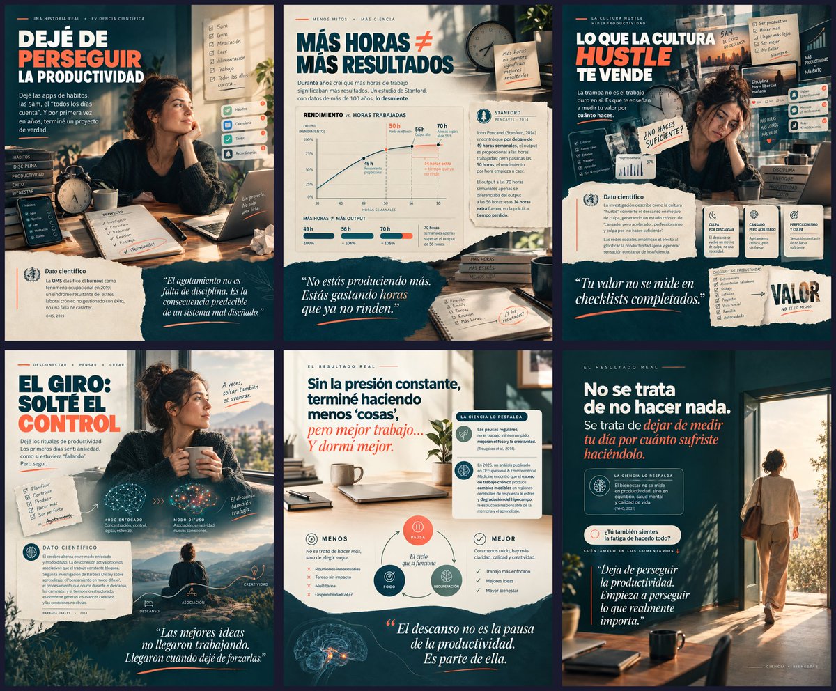 YulyBCB's tweet photo. La cultura de la hiperproductividad: cuando menos es más. Dejé de perseguir la productividad constante. Los resultados mejoraron. La evidencia científica lo explica, y desafía buena parte de lo que se asume como 'éxito' hoy 🧵
#antihustle #burnout #productividad #softlife https://t.co/xk6ndESFxj