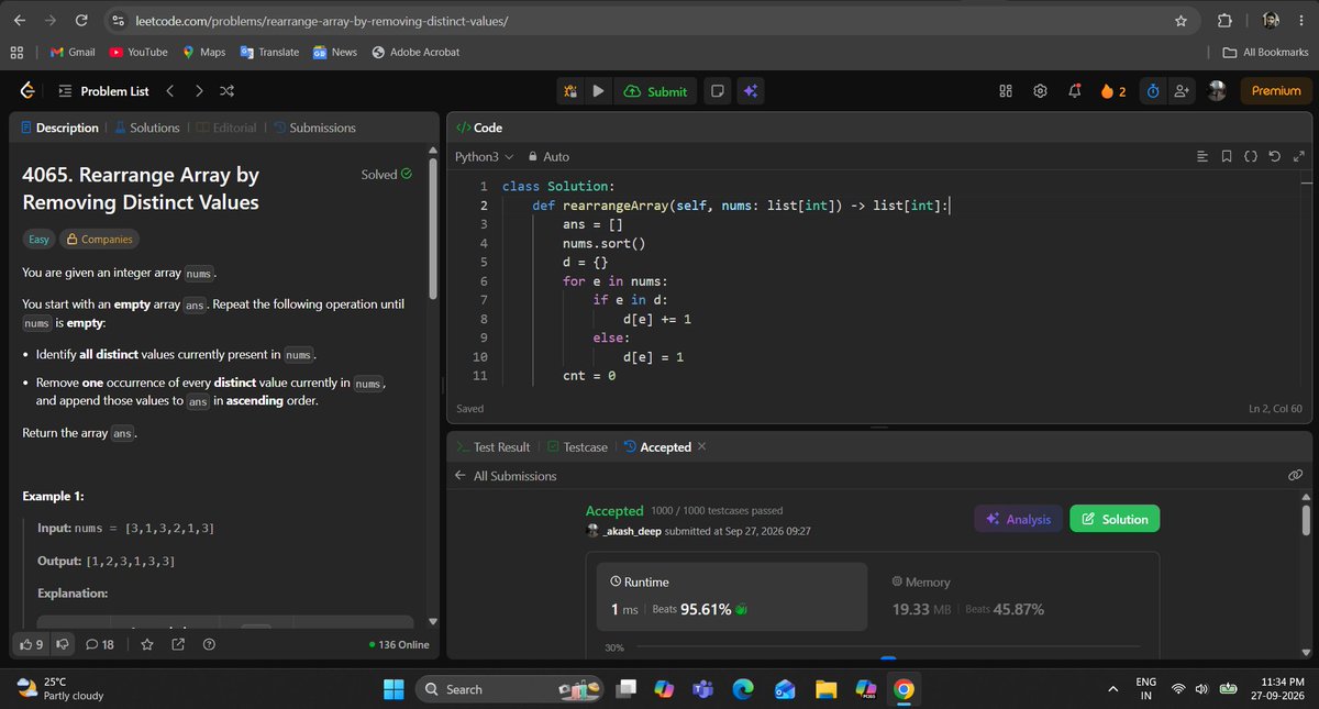 _deep_star's tweet photo. Hello All, I completed #Day999 of #365DaysofCode Challenge with @scaler_official
Question: Rearrange Array by Removing Distinct Values
discord link: https://t.co/8JQpNSUK1v
#letsconnect #potd #scalerdiscordcommunity #codewithscaler #365daysofcodescaler #365DaysofCode https://t.co/t4E2cQ2AyN