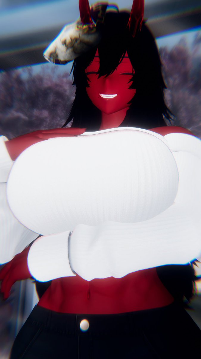 big_red_oni's tweet photo. A quiet smile curves the oni’s expression as she stands with arms crossed, the white of her attire drawn taut by the gesture of calm self-possession. Soft light filters through the trees behind. What thought prompts such serene amusement she does not share. https://t.co/SBOkHh84nv
