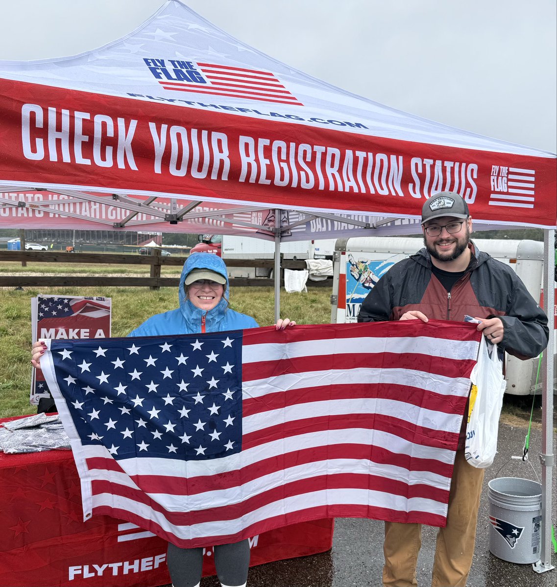 LiveFreeDani's tweet photo. Nick &amp; Sara moved to NH from Washington state, where Nick was involved with TPUSA in college. 

Sara took 3rd 🏆 in the Skillet Throwing Competition at the Granite State Fair

They also pledged to register to vote and now have a flag for their new home! 🇺🇸 

@TPAction https://t.co/7PCNSFGuKo