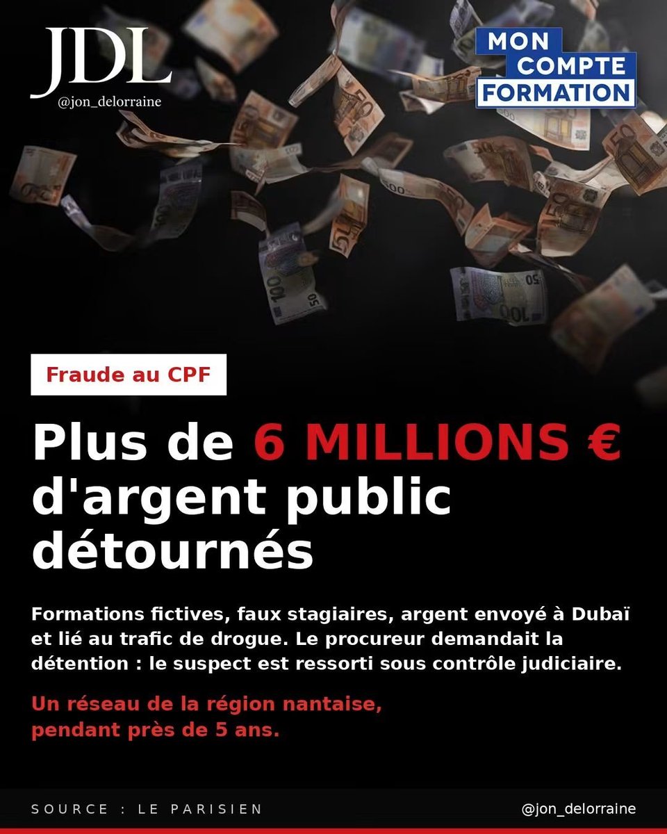 jon_delorraine's tweet photo. 🔴🇫🇷 FLASH - Plus de 6 MILLIONS D’EUROS d’argent public auraient été détournés via le CPF.

Un homme de 37 ans, déjà condamné à 4 reprises, est soupçonné d’avoir organisé un vaste système de formations fictives et de faux stagiaires complices.

Une partie de l’argent aurait été envoyée à Dubaï, une autre aurait servi aux dépenses de trafiquants de drogue du Grand Ouest.

Le procureur réclamait son placement en détention, évoquant notamment un « risque de réitération » élevé.

Le suspect a finalement été remis en liberté sous contrôle judiciaire.

(Source : Le Parisien)