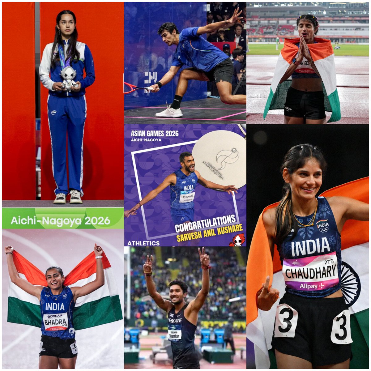 himantabiswa's tweet photo. Seven more medals added to India’s Asian Games tally today! 

🥈 A brilliant display by Abhay Singh and Anahat Singh in Squash, along with Ancy Sojan Edappilly in Women’s Long Jump and Sarvesh Anil Kushare in Men’s High Jump, securing four Silver medals for India.

🥉 Harita Bhadra in the Women’s 200m, Tejaswin Shankar in the Decathlon, and Parul Chaudhary in the Women’s 3000m Steeplechase added three more Bronze medals to the tally.

Congratulations to all our champions for making Bharat proud!