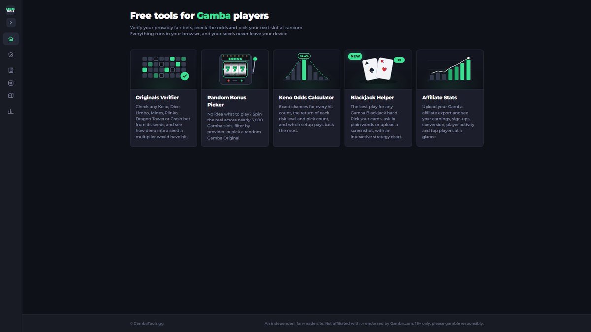 GambaVIP's tweet photo. Introducing https://t.co/KcbYxRC3cc, free tools for Gamba players

• Verify any Originals bet
• See how deep a multi would've hit
• AI Blackjack helper
• Keno odds & bonus picker
• Affiliate stats for creators

[$50 Giveaway: Like, RT & tag a friend]