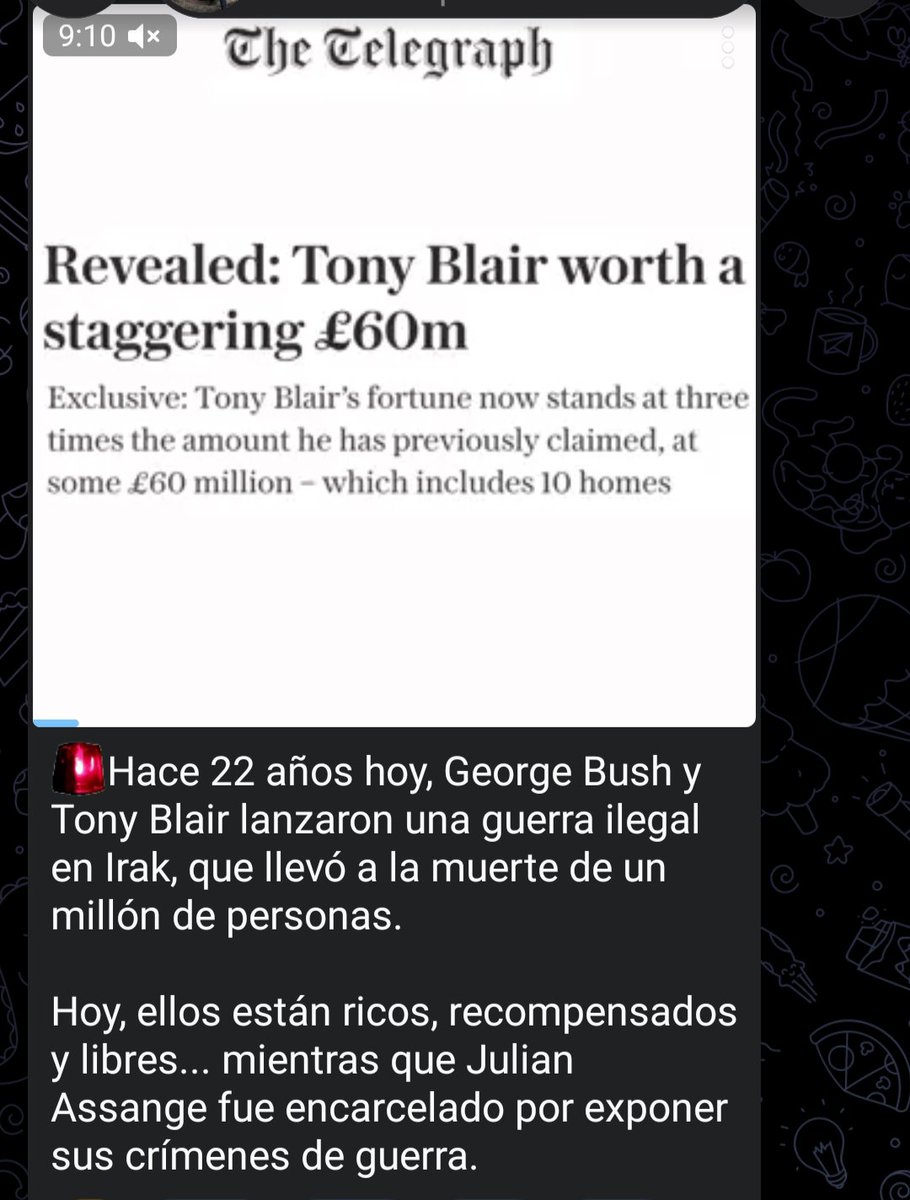 Sarah83336937's tweet photo. 🚨Hace 22 años hoy, George Bush y Tony Blair lanzaron una guerra ilegal en Irak, que llevó a la muerte de un millón de personas.

Hoy, ellos están ricos, recompensados y libres... mientras que Julian Assange fue encarcelado por exponer sus crímenes de guerra. https://t.co/6bWIitgfxV