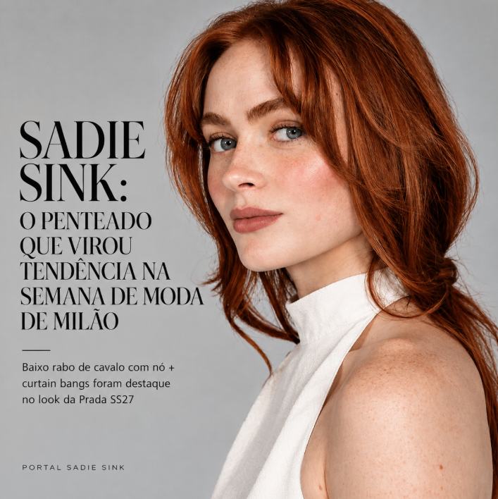 psadiesink's tweet photo. Segundo a Grace, Sadie Sink chamou atenção com seu penteado na Prada SS27: um rabo de cavalo baixo com nó, mechas soltas e suas clássicas curtain bangs. 

O estilo também foi destaque entre as tendências de beleza da temporada. 🇮🇹

reprodução: Grace / To Vima https://t.co/mXm0FvlCGk
