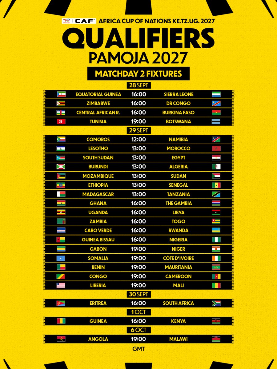 CAF_Online's tweet photo. Quick turnaround. 🤩

Here are the Matchday 2 fixtures of the #TotalEnergiesAFCON2027 Qualifiers. 🌍 https://t.co/UZAAqJW19e