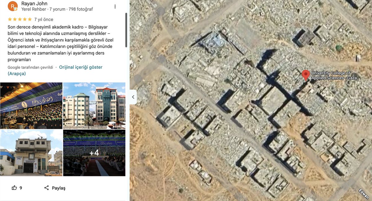 yunuserdolen's tweet photo. Gazze'deki cafelerin, okulların, alışveriş merkezlerinin, dükkanların yorumlarına bakıyorum. Tüm yorumlar üç sene önce kesilmiş.
Google Maps korkunç bir soykırım müzesine dönüşmüş.
Bu yorumları bırakan kaç kişi şimdi hayatta? 
Yorum yapılan kaç yer hala ayakta?
Korkunç https://t.co/T86RlOxp3F