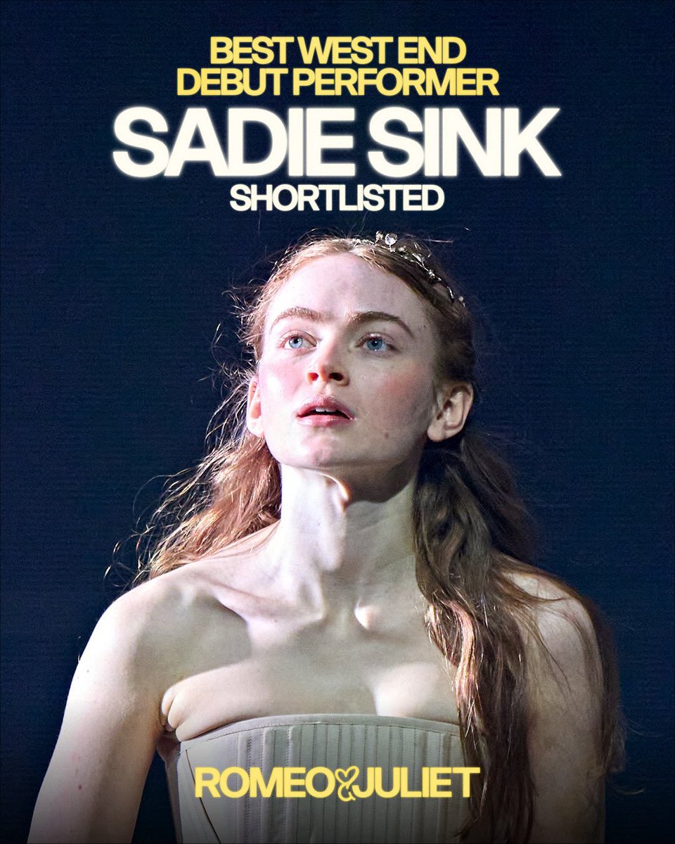 psadiesink's tweet photo. Hoje é o último dia para votar em Sadie Sink no The Stage Debut Awards 2026, onde ela concorre na categoria 'Best West End Debut Performer' por sua atuação como Julieta em Romeo &amp; Juliet.

🗳️ Para votar, basta cadastrar seu e-mail no link de votação: 
https://t.co/DnHh2cu3dC https://t.co/oSnuIC6kLJ