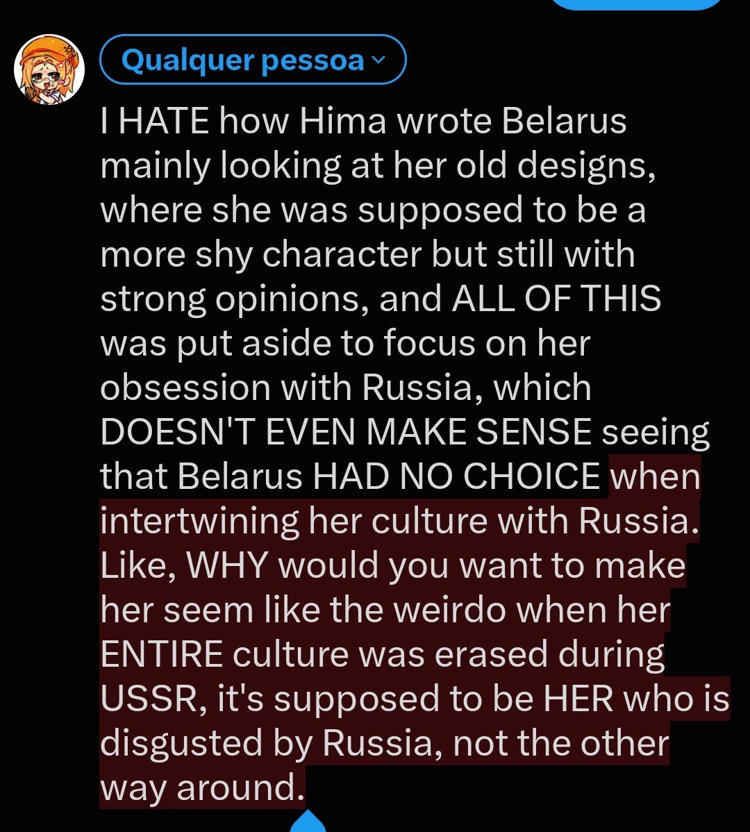 kitkatvantaz's tweet photo. I'm feeling negative, I feel like sometimes the Belarus character revolves around Russia just out of misogyny, because it's not possible that the ONLY THING you care about as a country is your older brother. https://t.co/99CjypU8mg