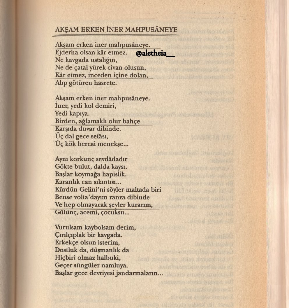 aletheia__'s tweet photo. Akşam erken iner mahpusâneye.
Ejderha olsan kâr etmez.
Kår etmez, inceden içine dolan,
Alıp götüren hasrete. 

ahmed arif https://t.co/WU2RLm5kfI