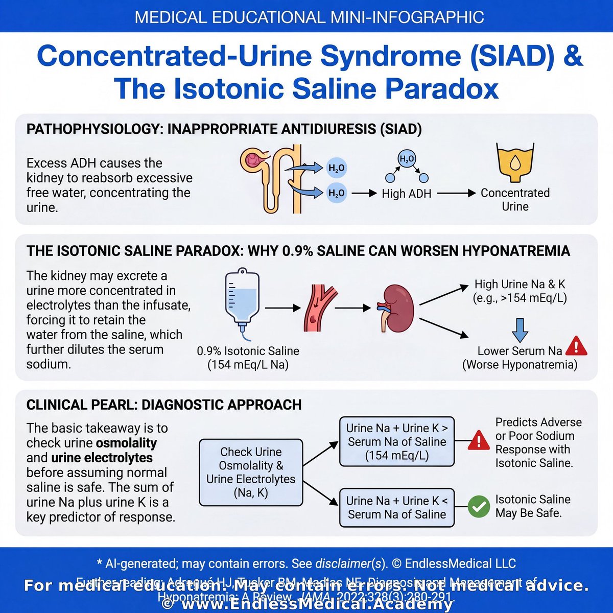 EndlessMedical's tweet photo. 📿 Medical Pearl

Category: Nephrology: Kidney Disease Diagnosis and Management > Electrolyte Disorders > Hyponatremia

Isotonic saline can worsen hyponatremia when antidiuresis forces the kidney to excrete a urine more concentrated in electrolytes than the infusate.

That paradox is clinically important because the wrong fluid can deepen neurologic injury.

The basic takeaway is to check urine osmolality and urine electrolytes before assuming normal saline is safe.

An advanced clue is that urine sodium plus urine potassium greater than the electrolyte concentration of 0.9% saline predicts poor or adverse sodium response in SIAD physiology.

🎬 Watch the video explanation: https://t.co/53J2LDlb7A

🔗 Learn more: https://t.co/YPkM0mayWr

#MedEdTwitter #MedTwitter #NursesOfTwitter

@MedTwitJC @MedTwitter

Dig deeper on this topic at https://t.co/ofNUUCifgT, where multiple AI models debate, cross-check references, and verify calculations to give you the most updated and accurate medical information with minimal hallucinations and errors.

Further reading:

1. Adrogué HJ, Tucker BM, Madias NE. Diagnosis and Management of Hyponatremia: A Review. JAMA. 2022;328(3):280-291. - JAMA - (2022) - by Adrogué, H. J., Tuck...
Confidence: 100%
Educational value: Supports understanding of the medical concepts in the question.
https://t.co/5OQKONmYiD

Links to sources are provided for optional further reading only.

Verified, approved and authored using AI by Lukasz Kiljanek MD, board-certified in Internal Medicine, Nephrology and Hypertension
*For medical education. May contain errors. Intended for licensed healthcare professionals & educators. Not medical advice. Full disclaimer: https://t.co/d57C8xdFf2