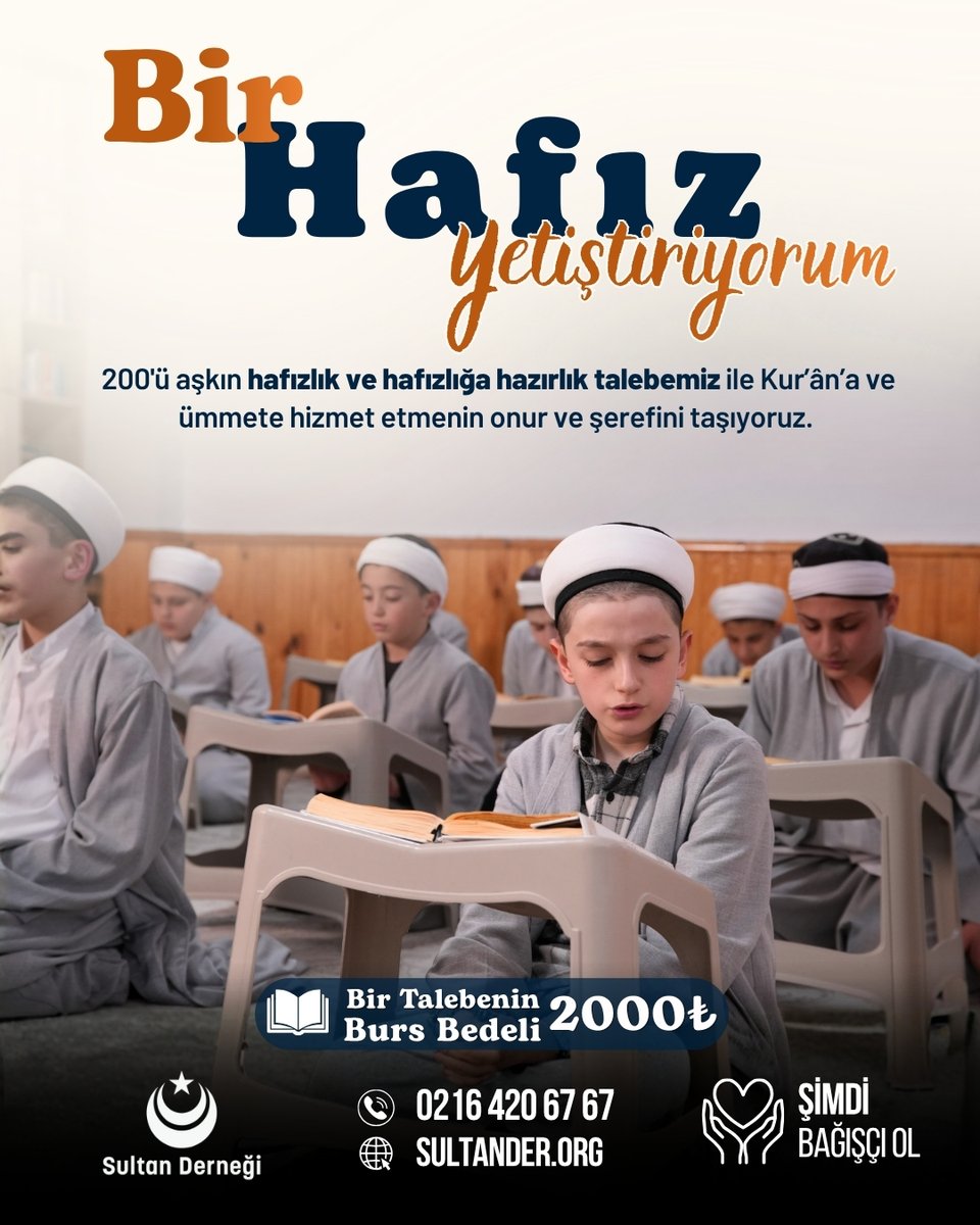 Sultandernegi's tweet photo. 📖 İmanlı Nesli Kur'an ile Yaşat
Varlık alemindeki en hayırlı olan işi yapan Kur'an ehli hafızlarımıza siz de destek olabilirsiniz.
Bir Talebenin Burs Bedeli 2000₺
🌐 https://t.co/MFSHc6YSSG
📞0216 420 6767
#hafızlıkbursu #hafız #talebe #imanlınesil #hafızlık #burs https://t.co/ZEbGs4rCwe