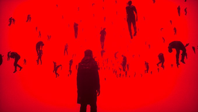 A silhouetted figure stands centered against a vivid red backdrop, surrounded by floating humanoid shapes of varying sizes, evoking the haunting, otherworldly atmosphere of the game Control. The striking imagery mirrors the post's praise for the game's visually absurd and frantic aesthetic, capturing the surreal and intense tone of the experience.