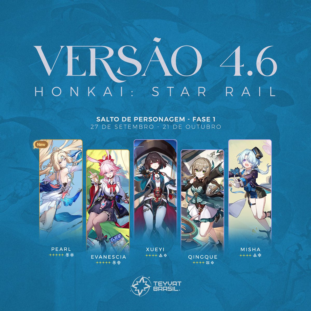 TeyvatBrasil's tweet photo. ✦ | Salto de Personagem [ Fase 1 ] — Ver. 4.6
✦ | 27 de Setembro  - 21 de Outubro
✦ | Ascensão dos Personagens no fio

#TeyvatBrasil #HonkaiStarRail #hsrcreators #hsrguide #Pearl #Evanescia #Xueyi #Qingque #Misha https://t.co/ZIw6nTIg7V