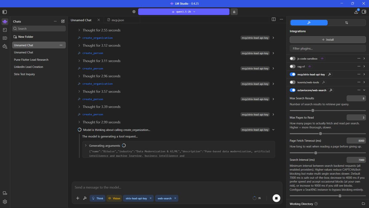 iampm_23's tweet photo. Built MCP access into Strix Lead.

LM Studio can now interact with the real lead system through a remote MCP endpoint.

LM Studio → MCP → Strix Lead → Prisma → DB

AI can create organizations, people, and trigger application tools, with mutations recorded in the activity. https://t.co/fCWUoB6AQw
