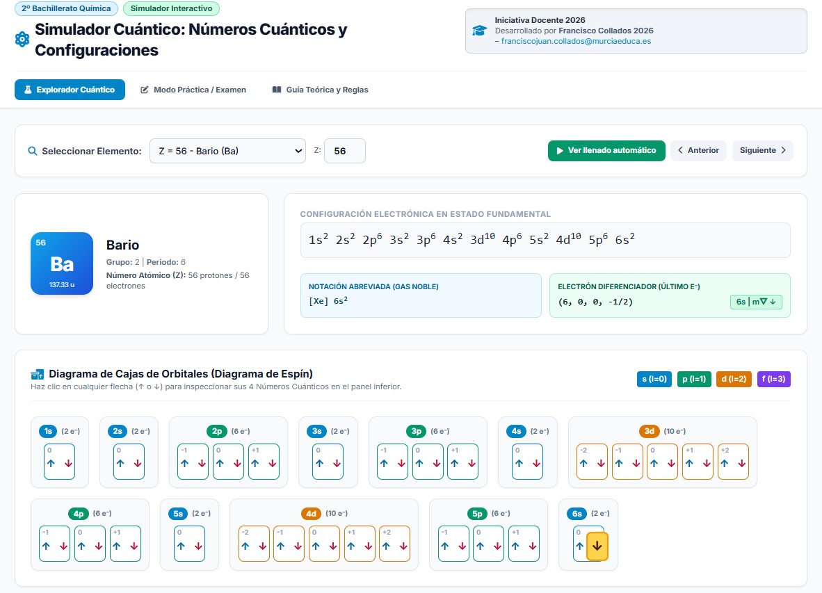 alfredo24404099's tweet photo. Hola. Por aquí traigo un nuevo simulador que he hecho sobre Números cuánticos para que practiquen nuestros alumnos de química de 2º o 1º. Lleva visualización, teoría y ejercicios. Este enlace es el html. Lo descargas y a funcionar https://t.co/4TBFZvaixe https://t.co/i7kc8pacaG