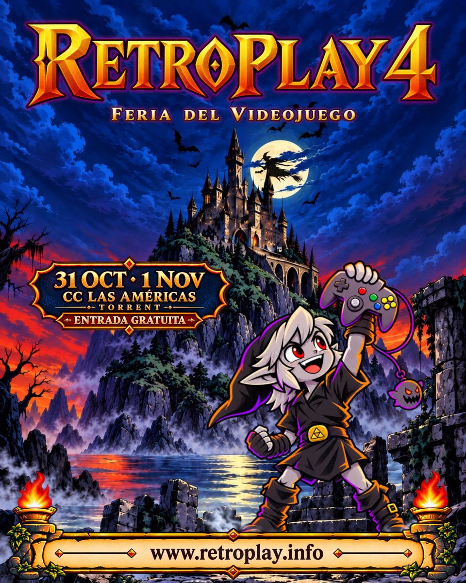 Retroplayinfo's tweet photo. 🎮 RETROPLAY 4 vuelve a Torrent
Ya podemos enseñaros el cartel de esta nueva edición de Retroplay · Feria del Videojuego.

🗡🏰 En 2026 se cumplen 40 años de The Legend of Zelda y Castlevania, y hemos querido celebrarlo con un cartel que rinde homenaje a dos sagas fundamentales de la historia del videojuego.

¿Sois capaces de encontrar todas las referencias? 👀

📅 31 OCT · 1 NOV 🎃
📍 CC Las Américas · Torrent
🎟 ENTRADA GRATUITA
🕹 Arcades, pinballs, consolas, torneos, tiendas, música en directo, talleres y mucho más.

🌐 https://t.co/VIRMLaTa4J

#Retroplay4 #RetroGaming #Torrent