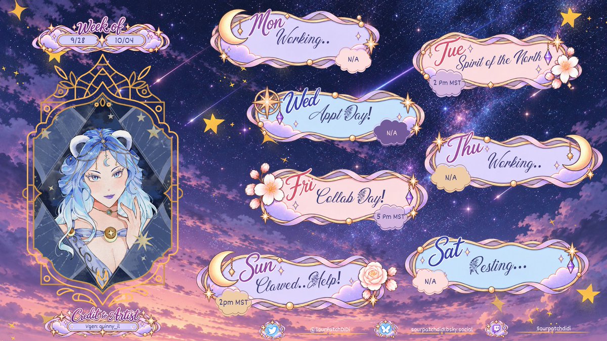 SourPatchDiDi's tweet photo. Schedule for the week my Starlings!  ✨
Tuesday: More Fox time!!!  
Friday: More Tispy Lethal w/ Berry, Haru &amp; SEA!
Sunday: How more scared can we get?

Also thank you @Strawberrynerd6 for making my new schedule layout! Please show her lots of love 💙 https://t.co/w1uUxhY03z