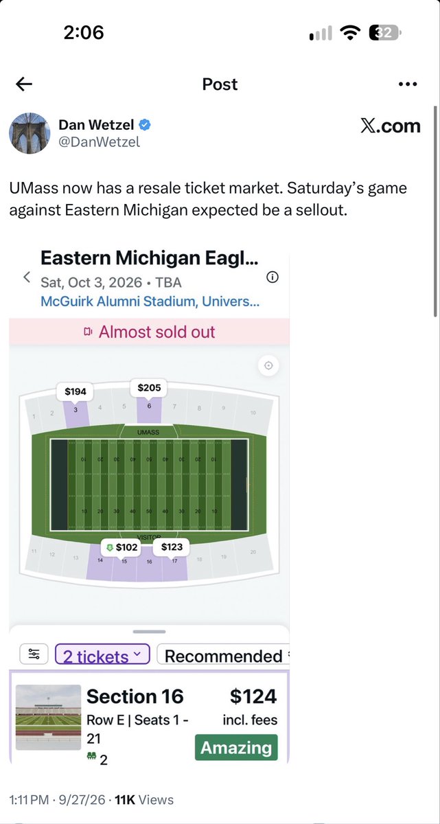 MrButterworth0's tweet photo. @UMassFootball tickets worth more than @Giants Week 3 tickets.

What a time to be alive. https://t.co/VZ8akrm6BF