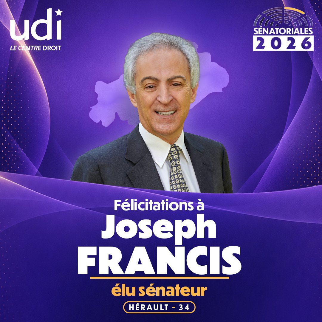 UDI_off's tweet photo. Félicitations à @josephfrancis34 élu sénateur de l'Hérault.
#Sénatoriales2026 https://t.co/m8d7Q4BgdD