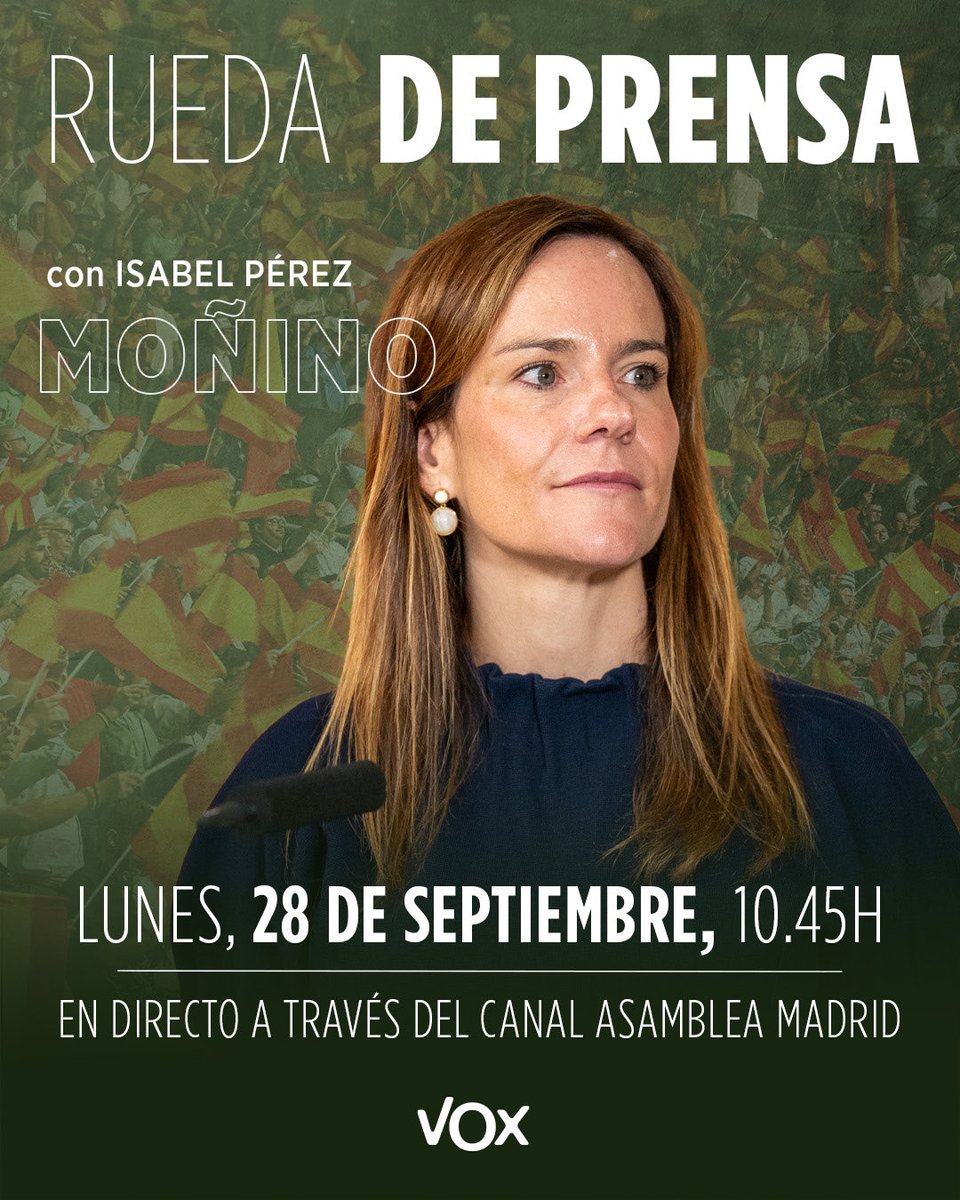 madrid_vox's tweet photo. 🔴🎤 Sigue en directo las declaraciones de la portavoz de VOX en la Asamblea de Madrid, @Isabelperezmoi1.

Este lunes, a partir de las 10:45h, rueda de prensa a través de este enlace👇
https://t.co/Kbwh8bfhdE https://t.co/lcpyuwMhu5
