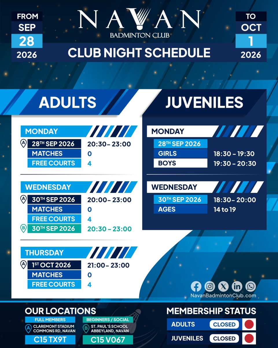 NavanBC's tweet photo. NEXT WEEK SCHEDULE
Adult Nights (@ClaremontNavan)
Mon 8:30-11pm | Wed 8-11pm | Thu 9-11pm

Social Night (@stpaulsnavan)
Wed 8:30-11pm - Beginner/Social Members

Juveniles:
Mon 6:30-8:30pm | Wed 6:30-8pm (Ages 14-19)

Juvenile membership NOW FULL! #Navan #Badminton #Meath #Ireland https://t.co/kcFVbPKYok