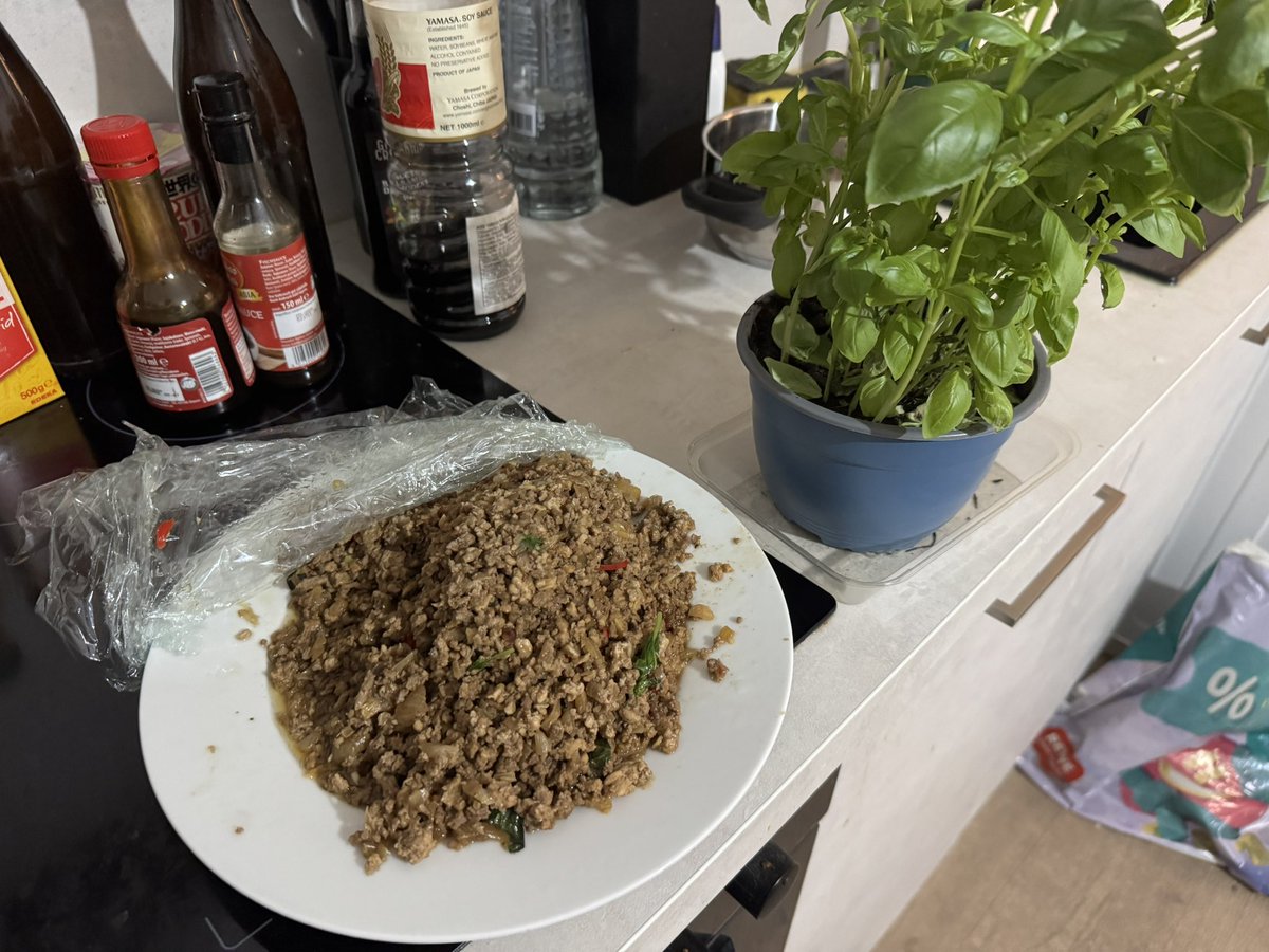 jo4igy's tweet photo. ひき肉1キロ分ガパオ作った
最近育ててるバジル使ったらバチバチバジルのガパオになってうまい
あとワシの中ではガパオは目玉焼きではなく温泉卵 https://t.co/WznDzM4NDk