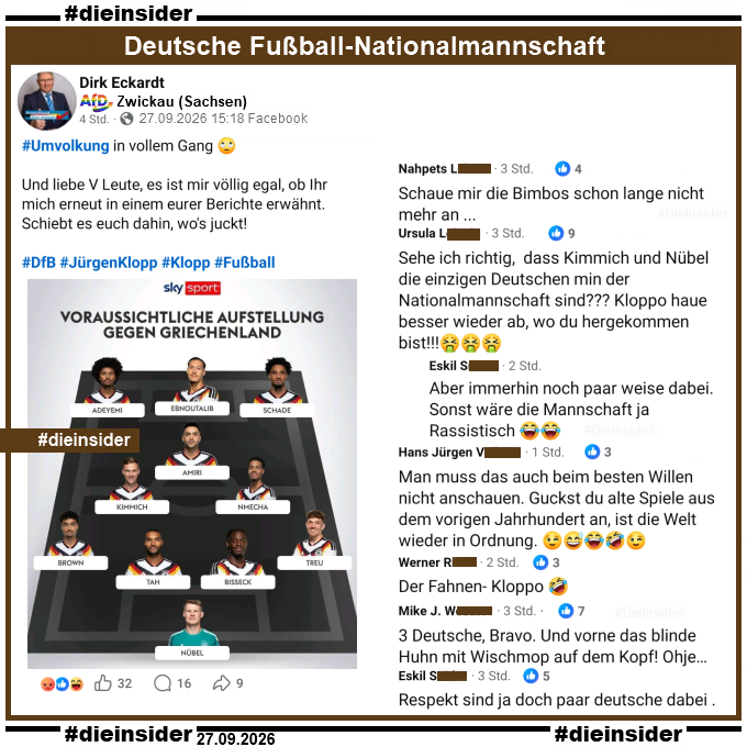 Die_Insider's tweet photo. Elf Deutsche Fußball-Nationalspieler! Aber nicht für Rassisten! #NeinZuRassismus

#LautGegenNazis #NiemalsAfD #AfDVerbot #DFBTeam
#Antifaschismus #GemeinsamGegenHass #DieInsider📎

Weitere Slides und Infos findet ihr u.a. bei uns auf Facebook/dieinsider und Instagram/die.insider. https://t.co/FTLvXV9wB3