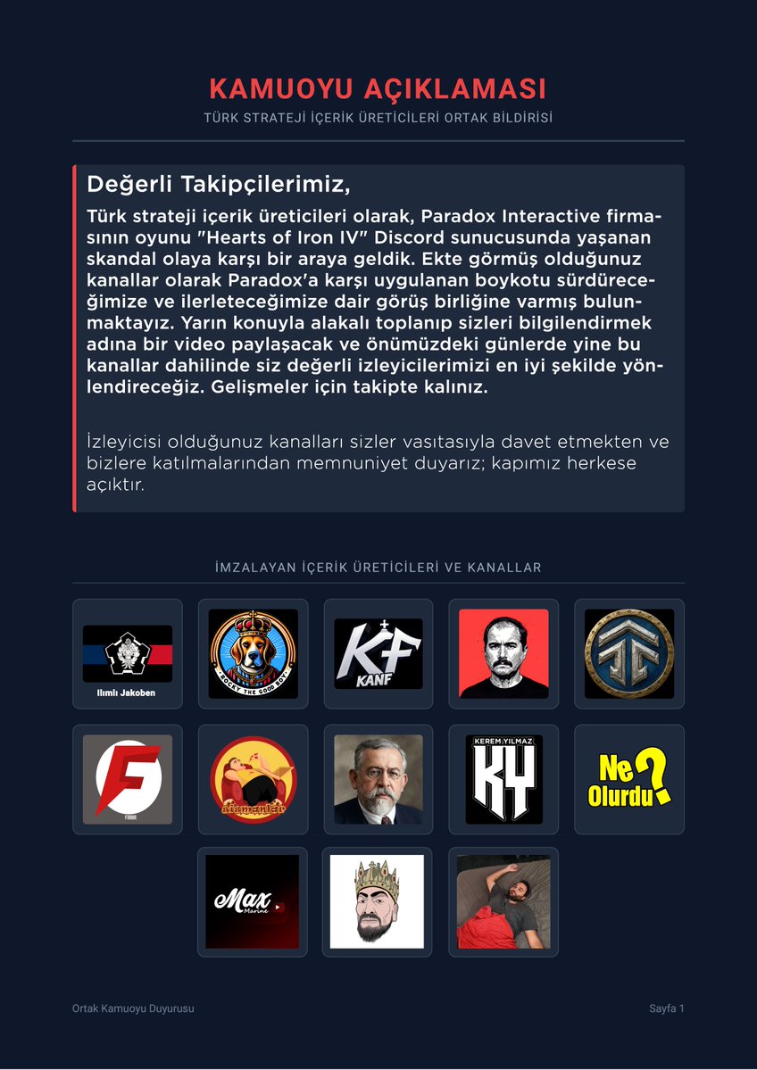 SismanlarTV's tweet photo. Türk Strateji İçerik Üreticileri Ortak Bildirisi

@RockytheGoodBoy @keremyilmazyt @sefacarrier @forbir1 @SismanlarTV @YabguNizamPasha @apocaselips @talentlenus @kanfyt @MuratEnginEkin @Maxmarinex @YKayaalp07 

#paradox #atatürk #racistparadox #açıklama #paradoxboykot https://t.co/5EEvEHoeBq
