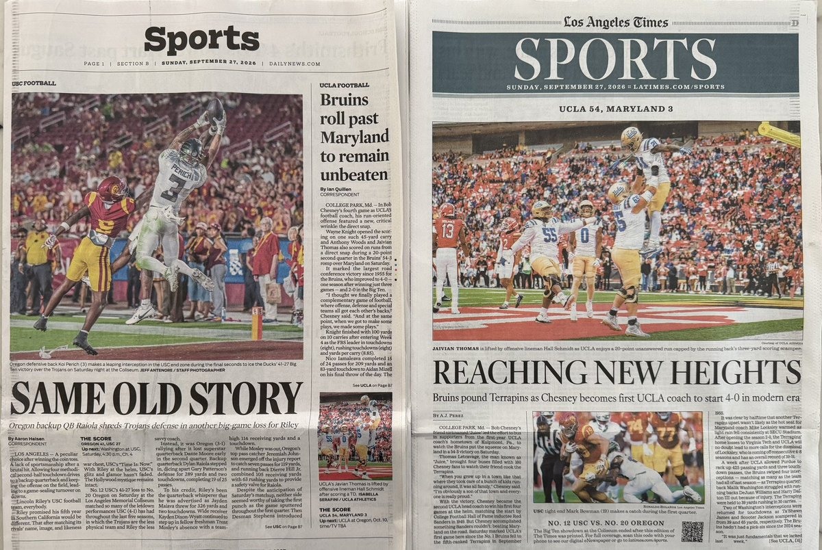 LaInaMinute's tweet photo. The current state of college football in L.A. as told by the local papers https://t.co/R5htD8kiTH