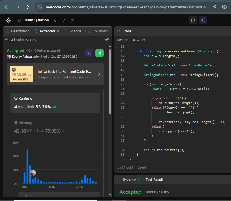 SouravPahwa9's tweet photo. #100DaysOfCode - Day 21
🧠Total: 5.5 hr
📚DSA: 5.5 hr

🔹Smallest Index With Digit Sum Equal to Index
🔹Brace Expansion II
🔹Evaluate Bracket Pairs of a String
🔹Reverse Substrings Between Each Pair of Parentheses

#DSA #Java #LeetCode #Stack #Recursion #HashMap #StringBuilder https://t.co/u8cGO9vYSd