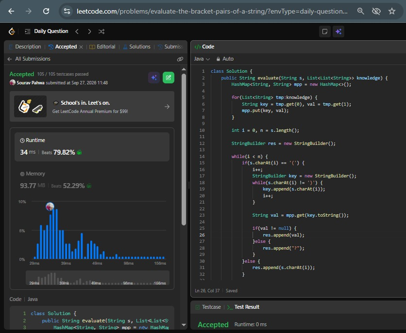 SouravPahwa9's tweet photo. #100DaysOfCode - Day 21
🧠Total: 5.5 hr
📚DSA: 5.5 hr

🔹Smallest Index With Digit Sum Equal to Index
🔹Brace Expansion II
🔹Evaluate Bracket Pairs of a String
🔹Reverse Substrings Between Each Pair of Parentheses

#DSA #Java #LeetCode #Stack #Recursion #HashMap #StringBuilder https://t.co/u8cGO9vYSd
