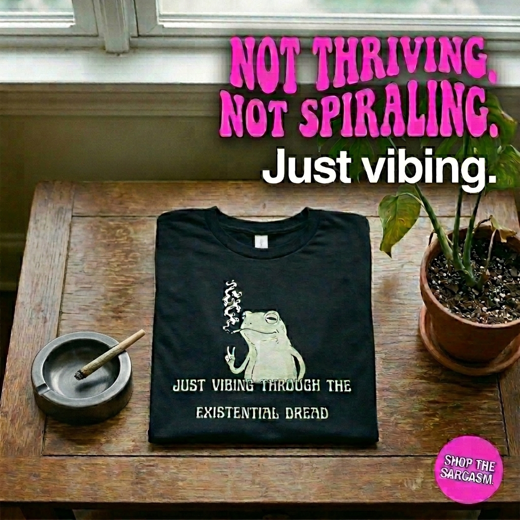 PEDROPgborges's tweet photo. Not thriving. Not spiraling. Just vibing. This “Just Vibing Through the Existential Dread” tee, featuring a chill frog, is made for navigating the void in soft, unisex comfort. https://t.co/MMIXm22Z5D