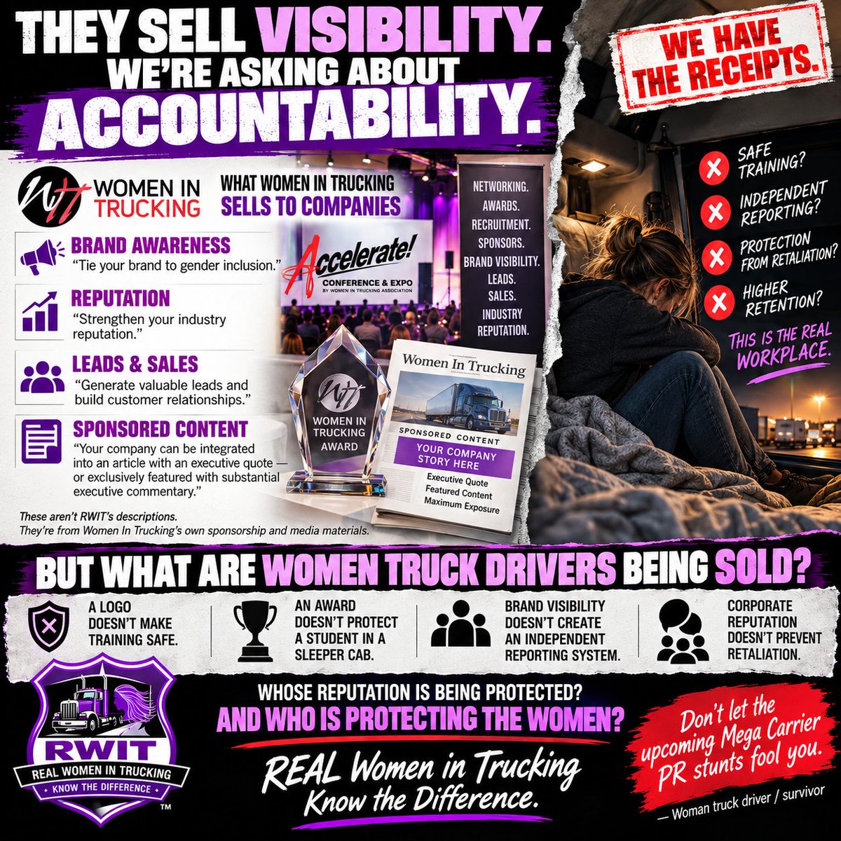 WomenTruckers's tweet photo. These aren't our descriptions. They're from Women In Trucking's own sponsorship and media materials.

BUT WHAT ARE WOMEN TRUCK DRIVERS BEING SOLD?

A logo doesn't make training safe.
An award doesn't protect a student in a sleeper cab.
#sexualassault #cdltraining https://t.co/IvDgOYOTvs