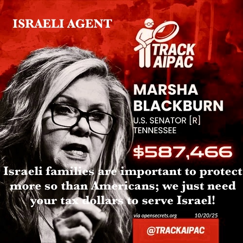 NOFEAR5443's tweet photo. @WhiteHouse @MarshaBlackburn the most disgusting, corrupt, nasty female politician in American history. She has accomplished nothing but self-enrichment. She is an Israeli agent complicit in espionage and treason, serving herself, grifting off Tennesseans. She is guilty of many crimes! https://t.co/5BhQinW8o3