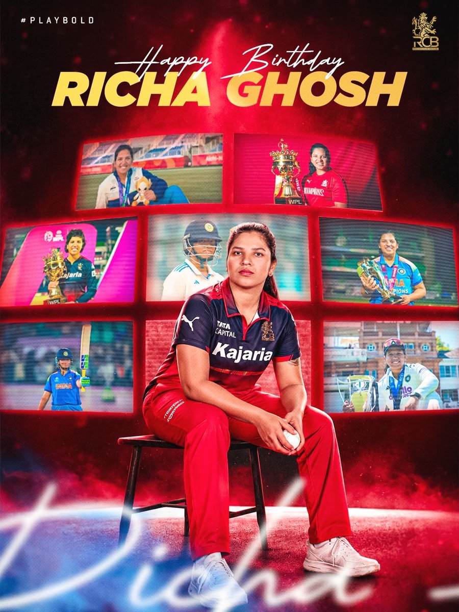 RCBTweets's tweet photo. #CricketWorldCup winner 🌏 
2️⃣-time #WPL champion 🏆🏆
Asian Games🥇medalist (x2️⃣ again) ✨
… and the one you want at the crease when the game's on the line. 😮‍💨💥

Here's to more finishing acts in the RCB threads and the Indian blue. Happy birthday, Richa Ghosh! 🎂❤️

#PlayBold #ನಮ್ಮRCB