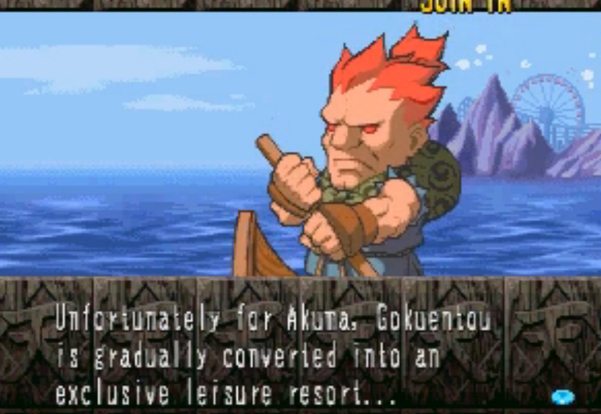 Arlieth's tweet photo. @03_invisib70299 @DrewDos 2nd Impact Akuma. I believe it's the entrance to his cave in Alpha 3.  Eventually he has to leave it because it got redeveloped into a theme park and that's how he ends up in the graveyard in 3rd Strike. (I am not fucking kidding this is canon) https://t.co/vlK92lQFqp