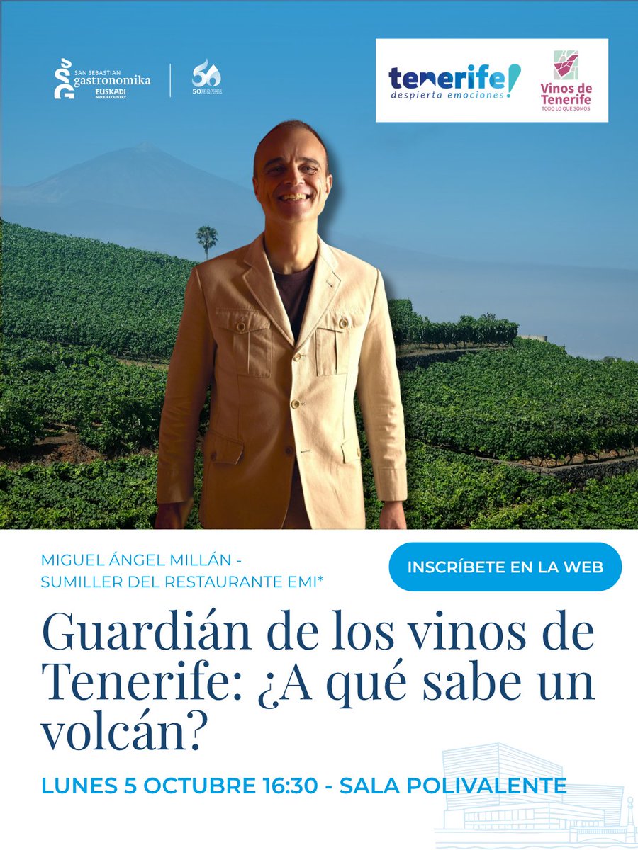 ssgastronomika's tweet photo. 🍷🌋 ¿𝐀 𝐪𝐮𝐞́ 𝐬𝐚𝐛𝐞 𝐮𝐧 𝐯𝐨𝐥𝐜𝐚́𝐧?
Miguel Ángel Millán, Guardián del Vino de Tenerife, nos descubrirá en Gastronomika 2026 los matices y la personalidad que el Teide imprime en sus vinos.
Taste the volcano.
🎟️ Inscríbete https://t.co/WRianoLADF
#ssg26 https://t.co/tnGMEW053G
